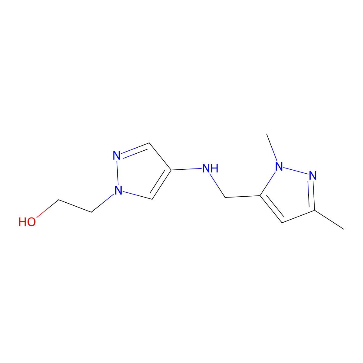 2-(4-{[(1,3-dimethyl-1H-pyrazol-5-yl)methyl]amino}-1H-pyrazol-1-yl)ethan-1-ol molecular structure, CAS 1855948-41-2