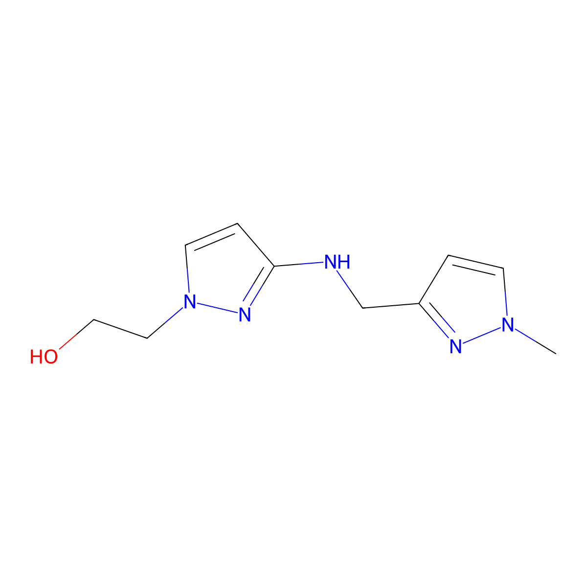 2-(3-{[(1-methyl-1H-pyrazol-3-yl)methyl]amino}-1H-pyrazol-1-yl)ethan-1-ol molecular structure, CAS 1855949-03-9