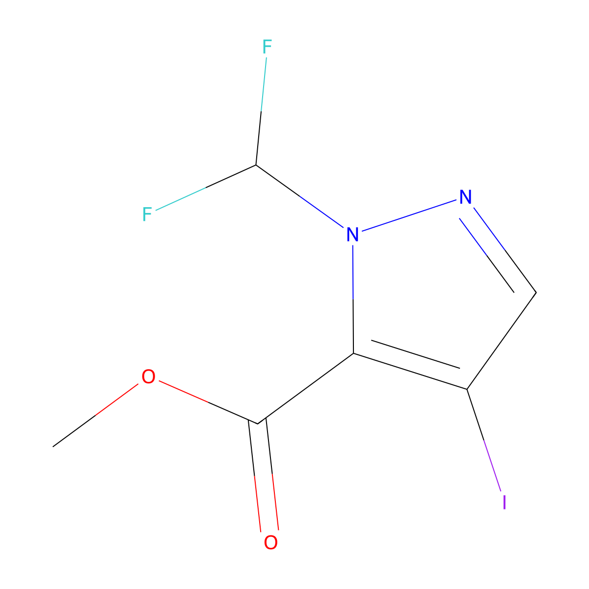 methyl 1-(difluoromethyl)-4-iodo-1H-pyrazole-5-carboxylate molecular structure, CAS 1856018-69-3