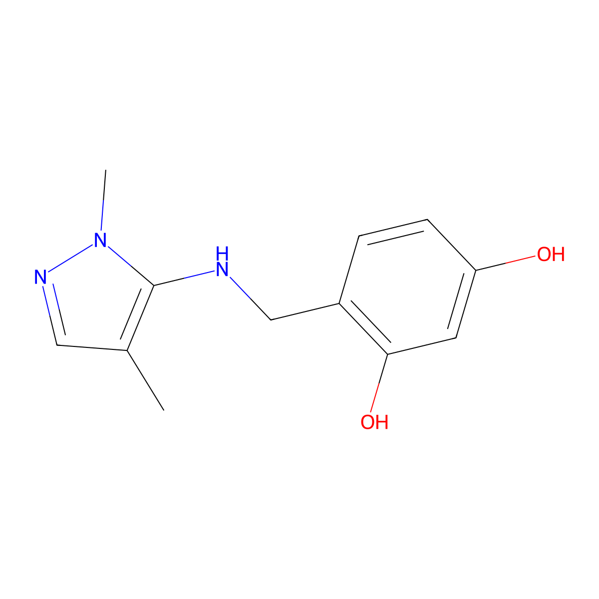 4-{[(1,4-dimethyl-1H-pyrazol-5-yl)amino]methyl}benzene-1,3-diol molecular structure, CAS 1856021-44-7