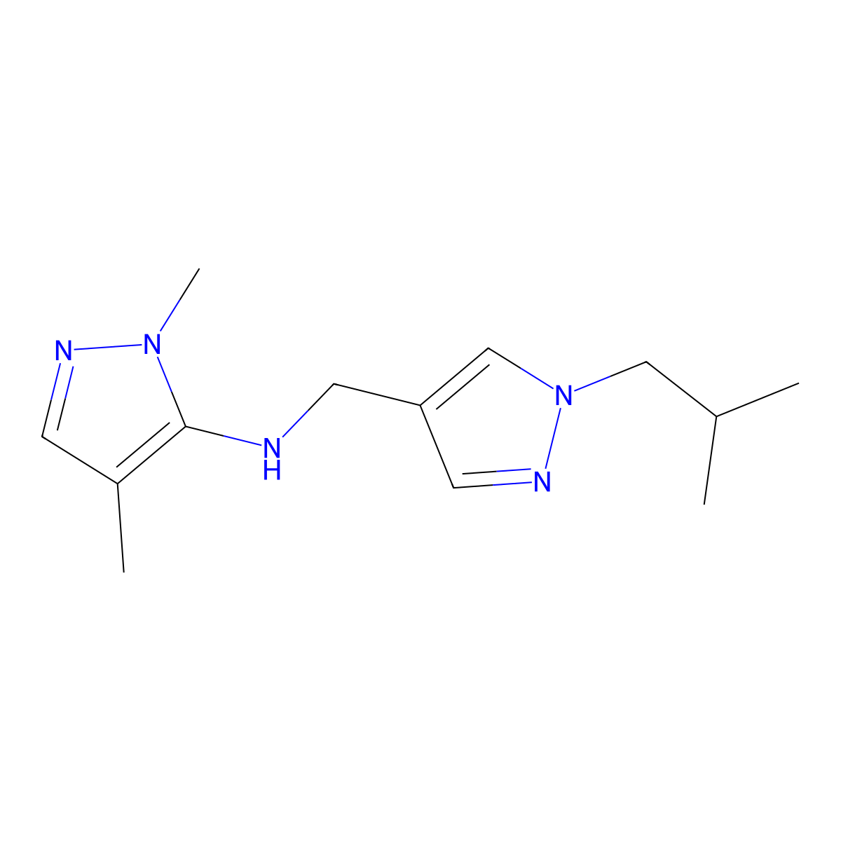 1,4-dimethyl-N-{[1-(2-methylpropyl)-1H-pyrazol-4-yl]methyl}-1H-pyrazol-5-amine molecular structure, CAS 1856024-76-4