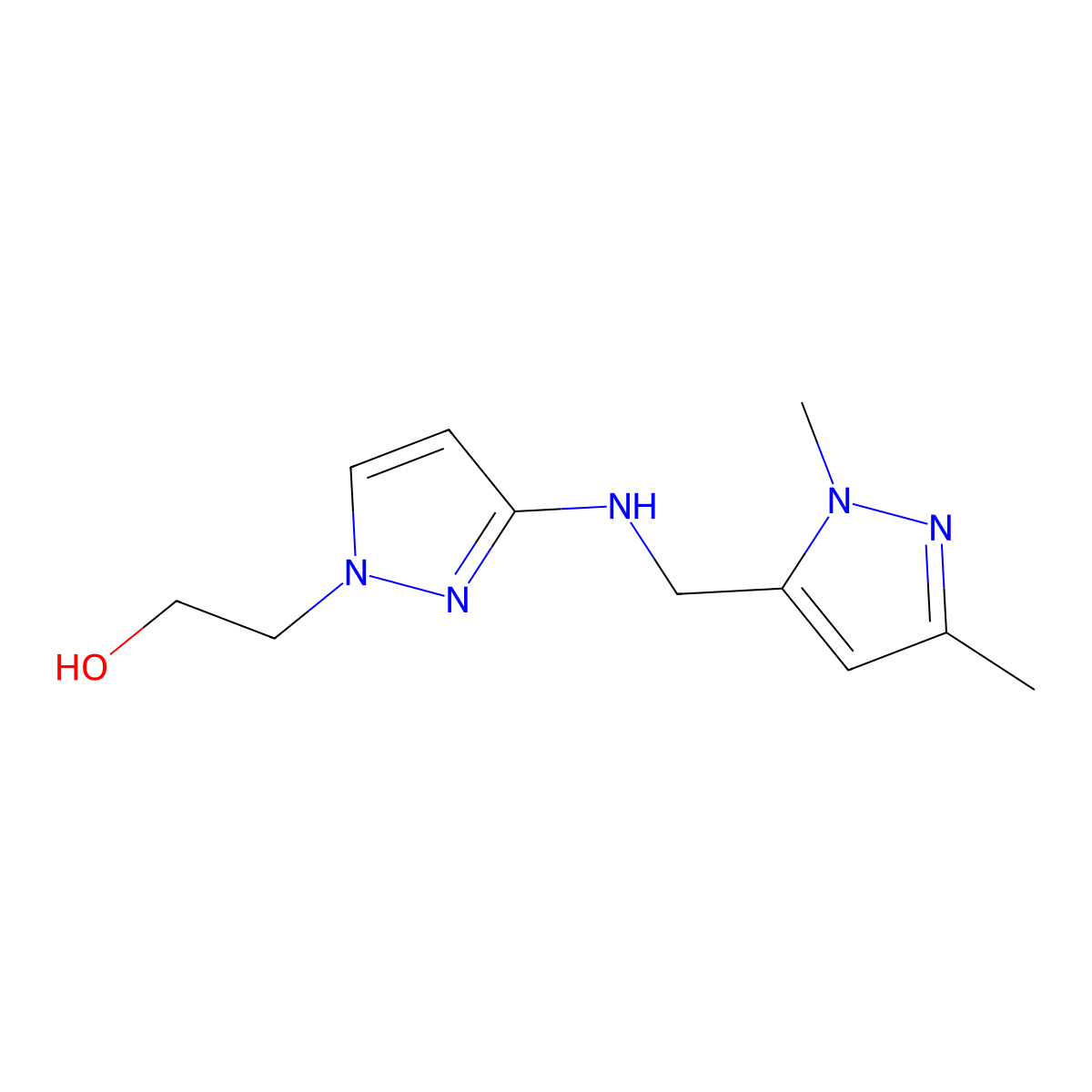 2-(3-{[(1,3-dimethyl-1H-pyrazol-5-yl)methyl]amino}-1H-pyrazol-1-yl)ethan-1-ol molecular structure, CAS 1856025-28-9