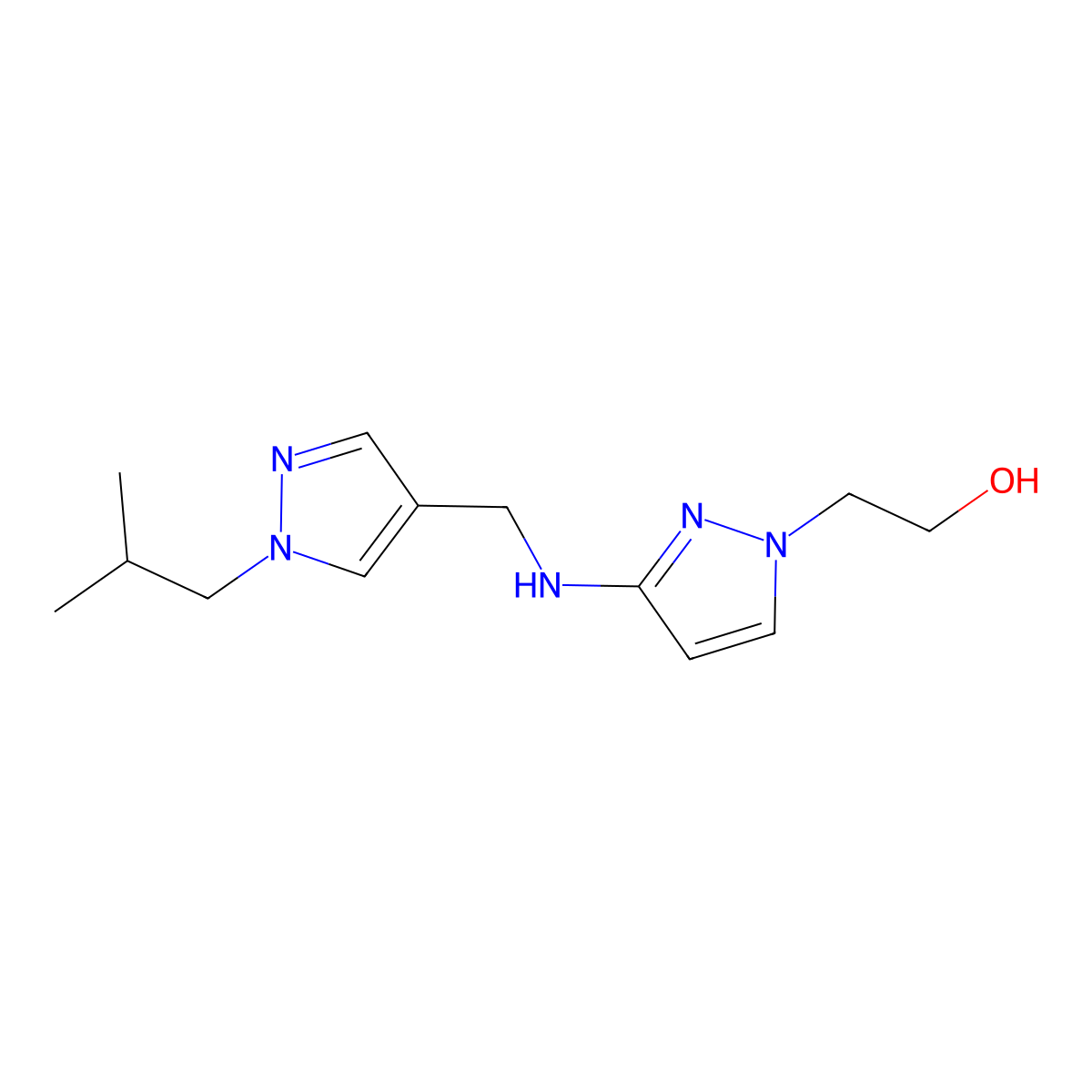 2-[3-({[1-(2-methylpropyl)-1H-pyrazol-4-yl]methyl}amino)-1H-pyrazol-1-yl]ethan-1-ol molecular structure, CAS 1856025-33-6