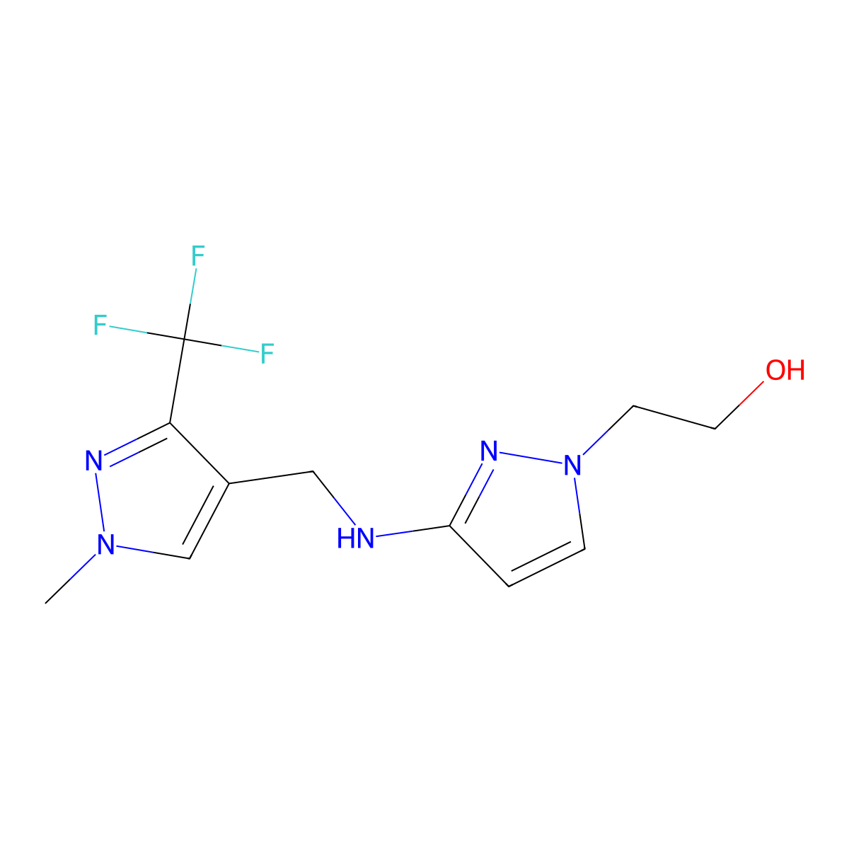 2-[3-({[1-methyl-3-(trifluoromethyl)-1H-pyrazol-4-yl]methyl}amino)-1H-pyrazol-1-yl]ethan-1-ol molecular structure, CAS 1856027-62-7