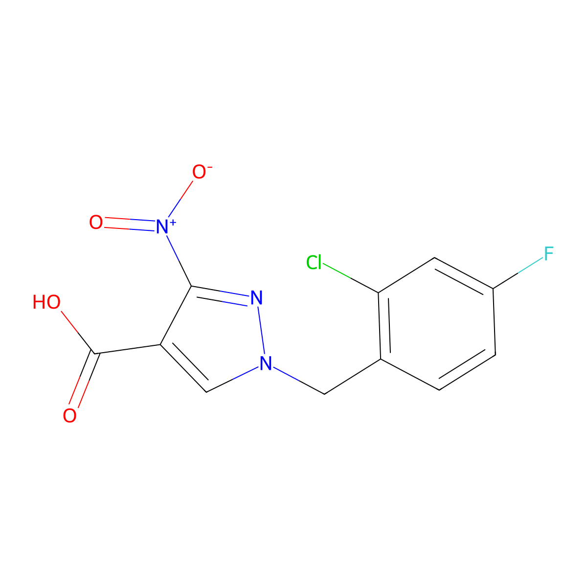 1-(2-chloro-4-fluorobenzyl)-3-nitro-1H-pyrazole-4-carboxylic acid molecular structure, CAS 1856043-17-8