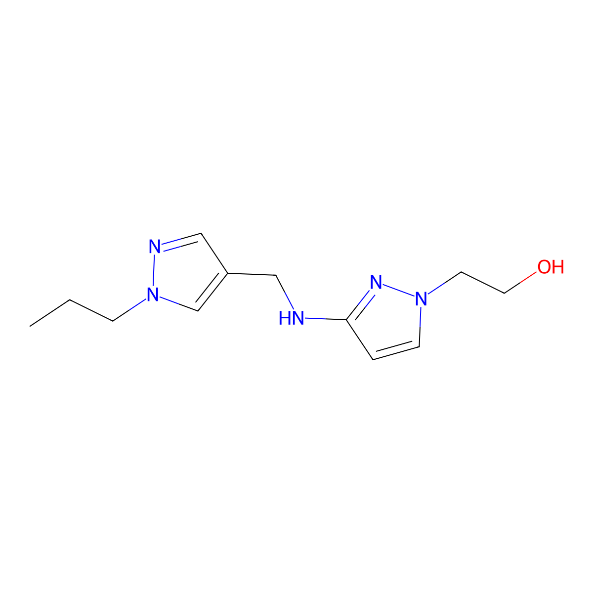 2-(3-{[(1-propyl-1H-pyrazol-4-yl)methyl]amino}-1H-pyrazol-1-yl)ethan-1-ol molecular structure, CAS 1856051-11-0