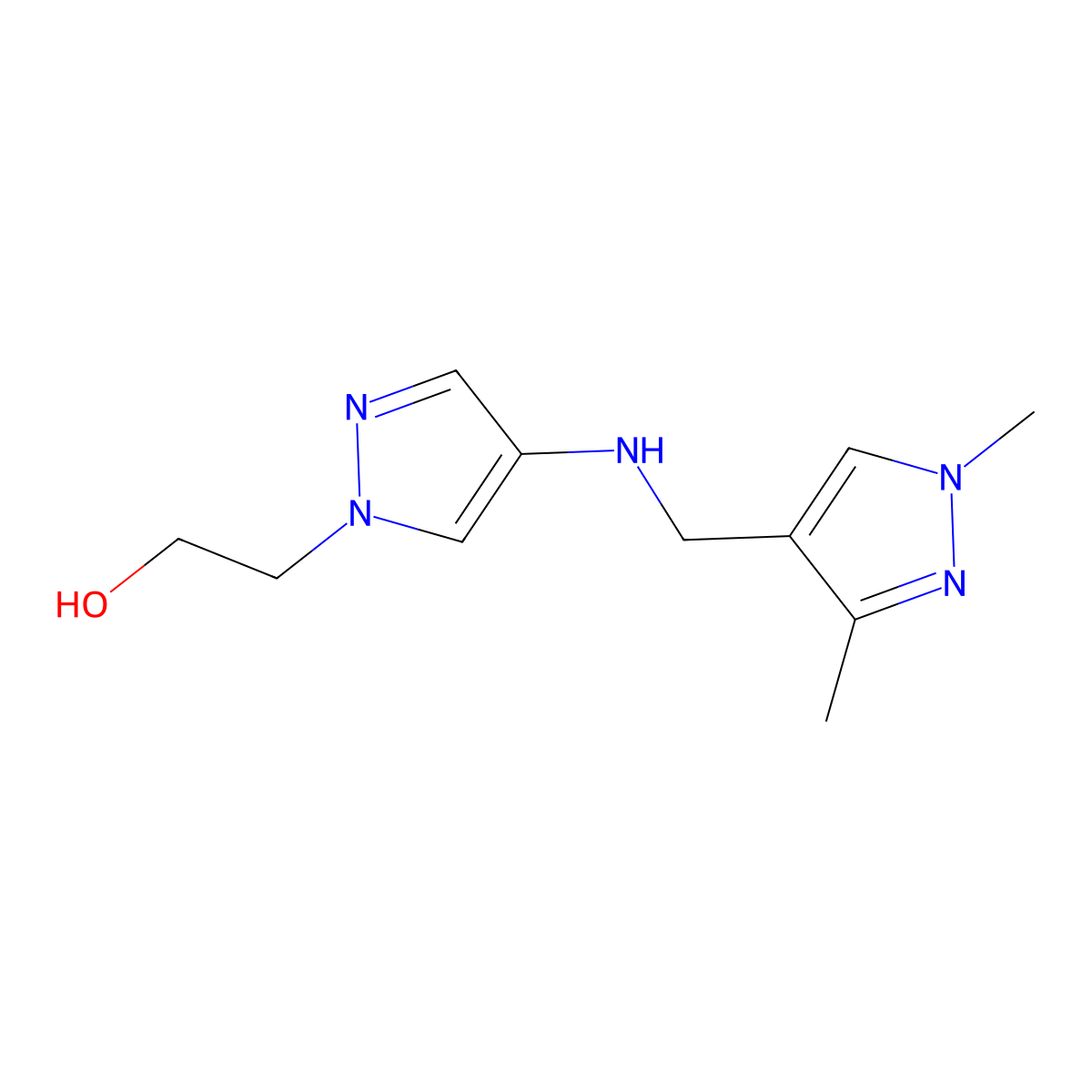 2-(4-{[(1,3-dimethyl-1H-pyrazol-4-yl)methyl]amino}-1H-pyrazol-1-yl)ethan-1-ol molecular structure, CAS 1856051-76-7