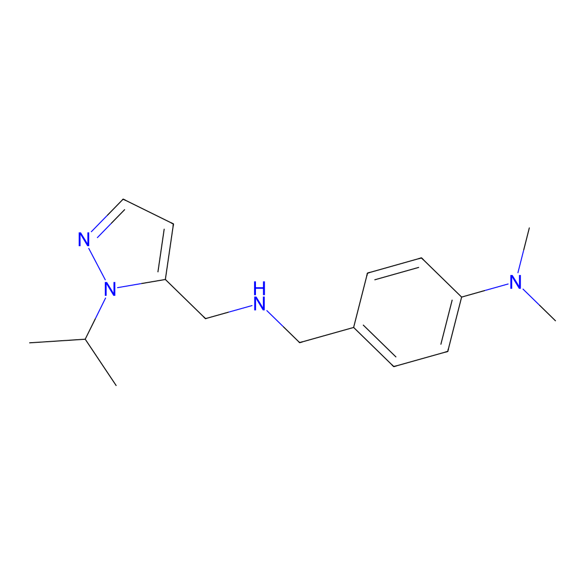 N,N-dimethyl-4-[({[1-(propan-2-yl)-1H-pyrazol-5-yl]methyl}amino)methyl]aniline molecular structure, CAS 1856052-06-6