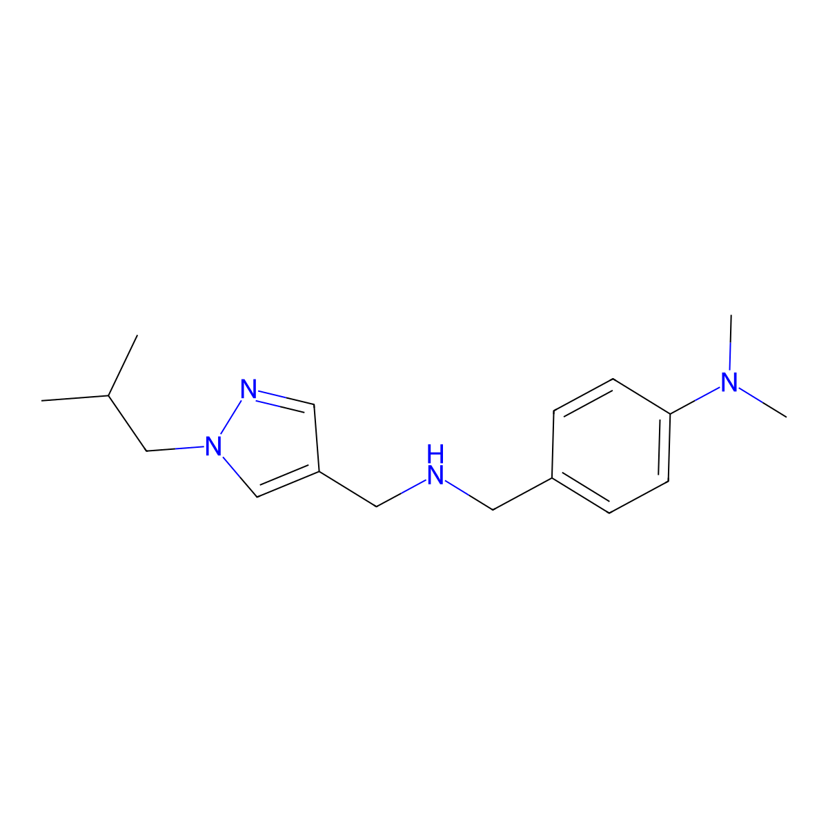 N,N-dimethyl-4-[({[1-(2-methylpropyl)-1H-pyrazol-4-yl]methyl}amino)methyl]aniline molecular structure, CAS 1856053-93-4