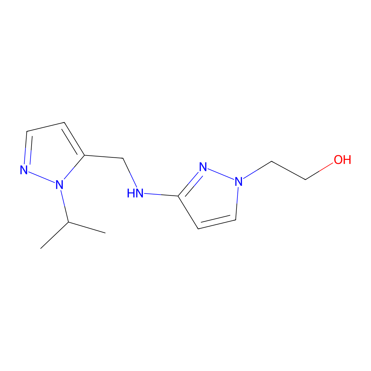2-[3-({[1-(propan-2-yl)-1H-pyrazol-5-yl]methyl}amino)-1H-pyrazol-1-yl]ethan-1-ol molecular structure, CAS 1856056-55-7