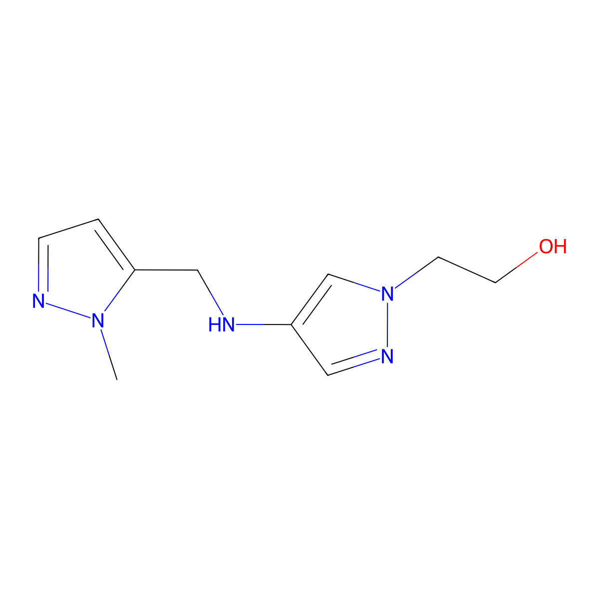 2-(4-{[(1-methyl-1H-pyrazol-5-yl)methyl]amino}-1H-pyrazol-1-yl)ethan-1-ol molecular structure, CAS 1856057-38-9