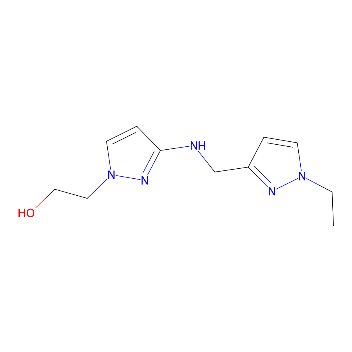 2-(3-{[(1-ethyl-1H-pyrazol-3-yl)methyl]amino}-1H-pyrazol-1-yl)ethan-1-ol molecular structure, CAS 1856059-35-2