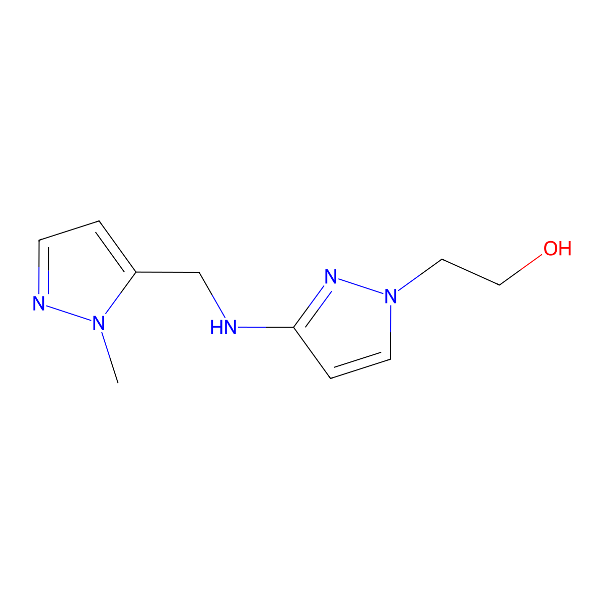 2-(3-{[(1-methyl-1H-pyrazol-5-yl)methyl]amino}-1H-pyrazol-1-yl)ethan-1-ol molecular structure, CAS 1856062-30-0