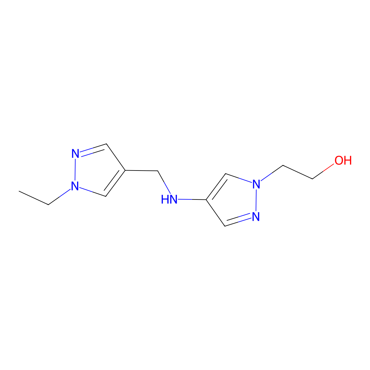 2-(4-{[(1-ethyl-1H-pyrazol-4-yl)methyl]amino}-1H-pyrazol-1-yl)ethan-1-ol molecular structure, CAS 1856071-97-0
