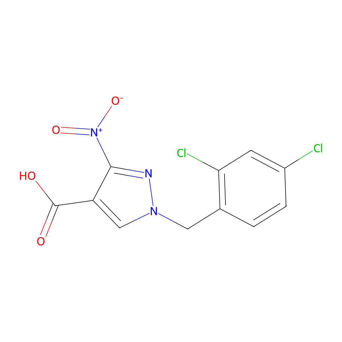 1-(2,4-dichlorobenzyl)-3-nitro-1H-pyrazole-4-carboxylic acid molecular structure, CAS 1856072-35-9