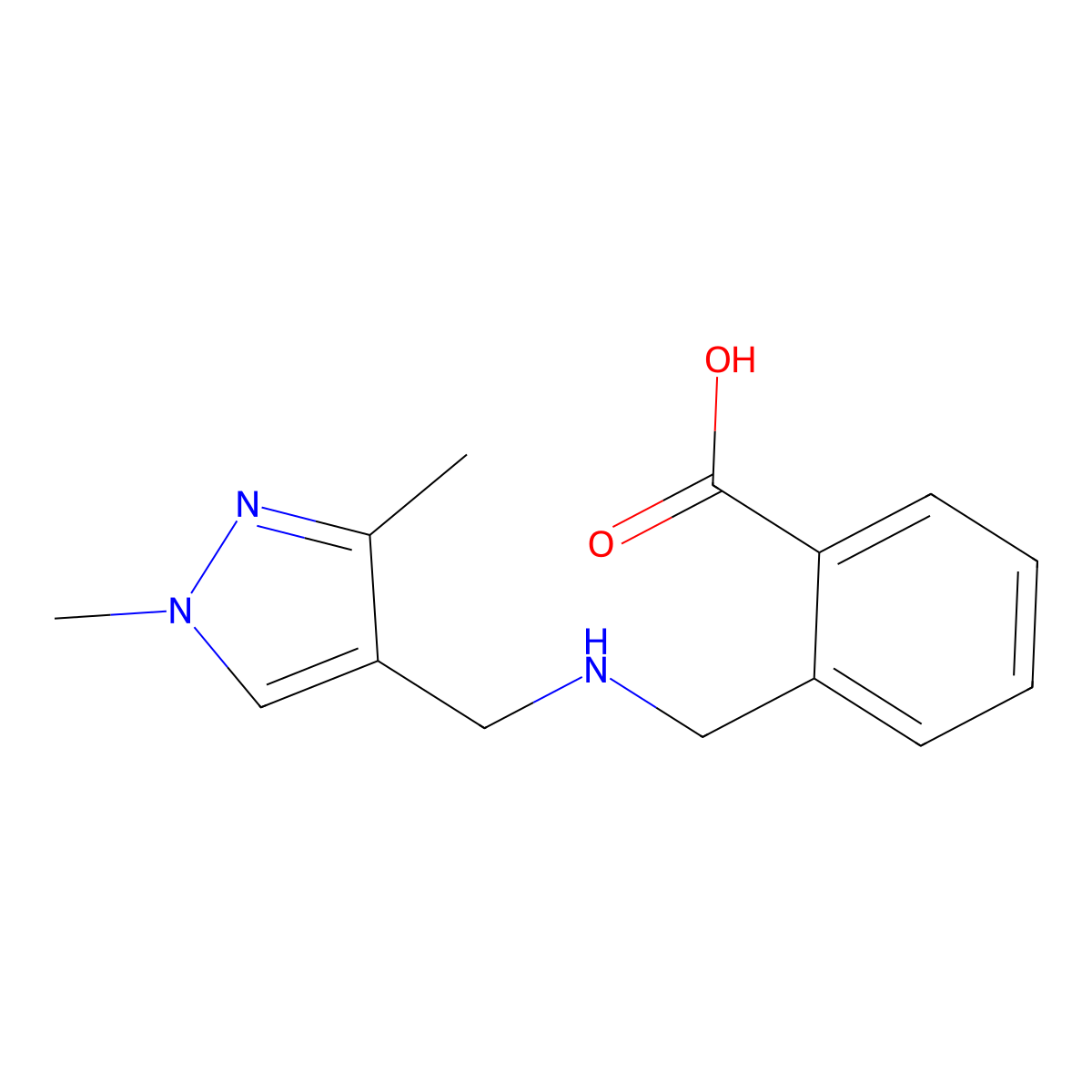 2-({[(1,3-dimethyl-1H-pyrazol-4-yl)methyl]amino}methyl)benzoic acid molecular structure, CAS 1856077-99-0
