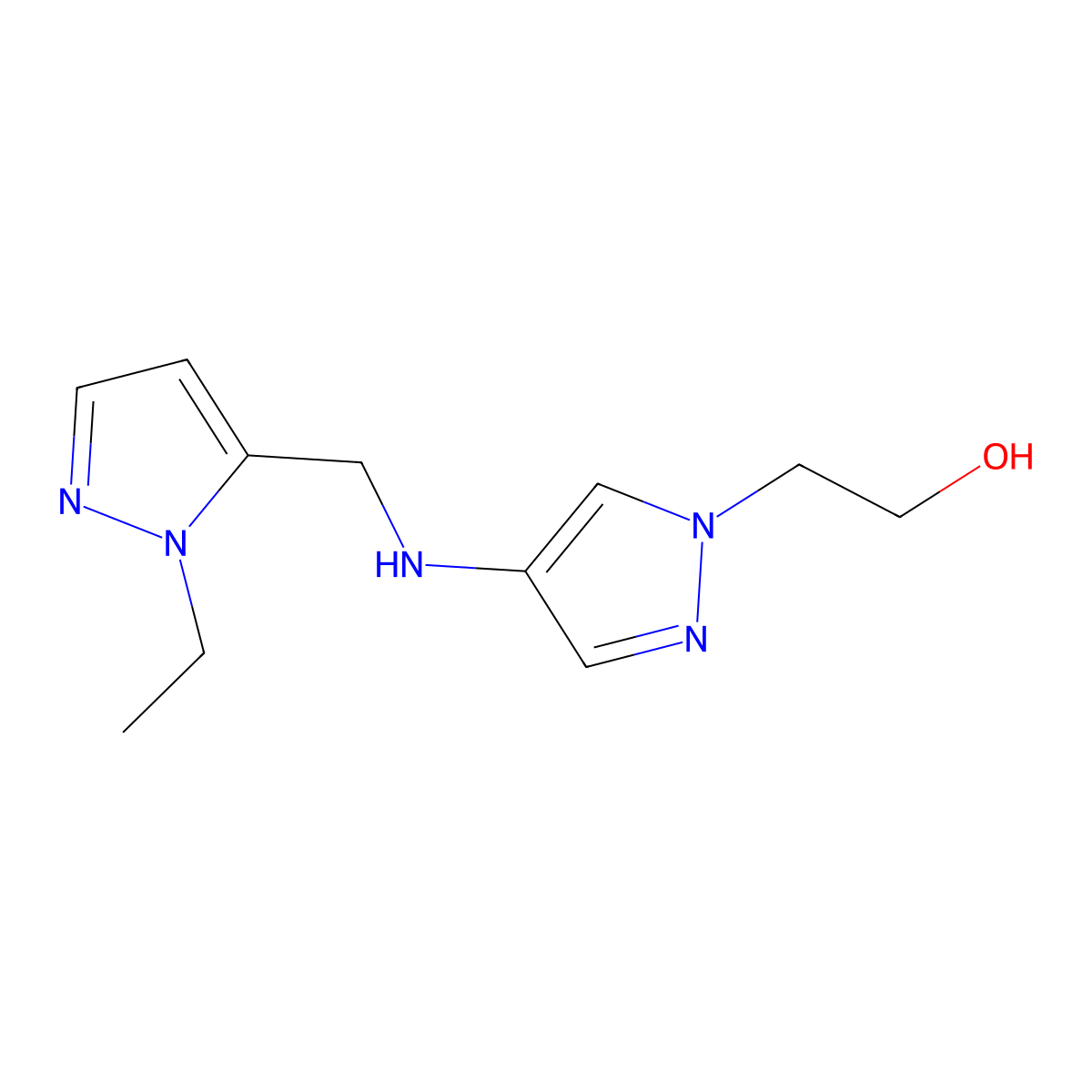 2-(4-{[(1-ethyl-1H-pyrazol-5-yl)methyl]amino}-1H-pyrazol-1-yl)ethan-1-ol molecular structure, CAS 1856078-11-9