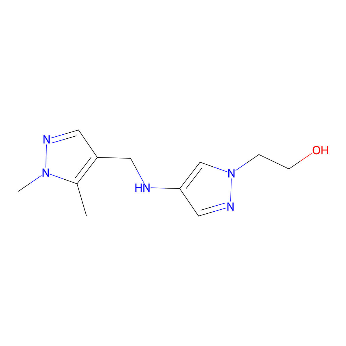 2-(4-{[(1,5-dimethyl-1H-pyrazol-4-yl)methyl]amino}-1H-pyrazol-1-yl)ethan-1-ol molecular structure, CAS 1856078-19-7