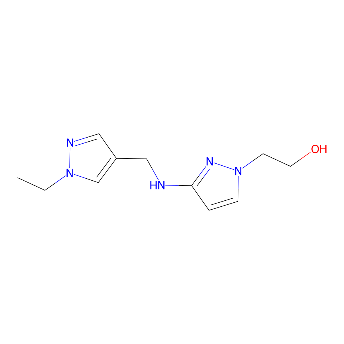 2-(3-{[(1-ethyl-1H-pyrazol-4-yl)methyl]amino}-1H-pyrazol-1-yl)ethan-1-ol molecular structure, CAS 1856079-70-3