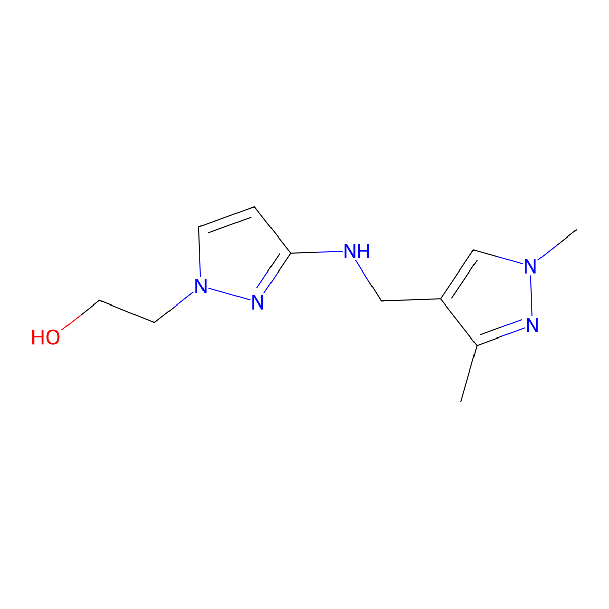 2-(3-{[(1,3-dimethyl-1H-pyrazol-4-yl)methyl]amino}-1H-pyrazol-1-yl)ethan-1-ol molecular structure, CAS 1856079-82-7