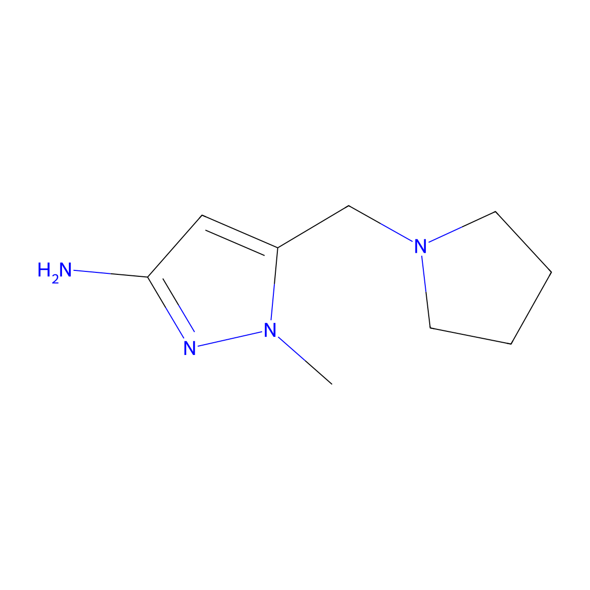 1-methyl-5-(pyrrolidin-1-ylmethyl)-1H-pyrazol-3-amine molecular structure, CAS 1856091-75-2