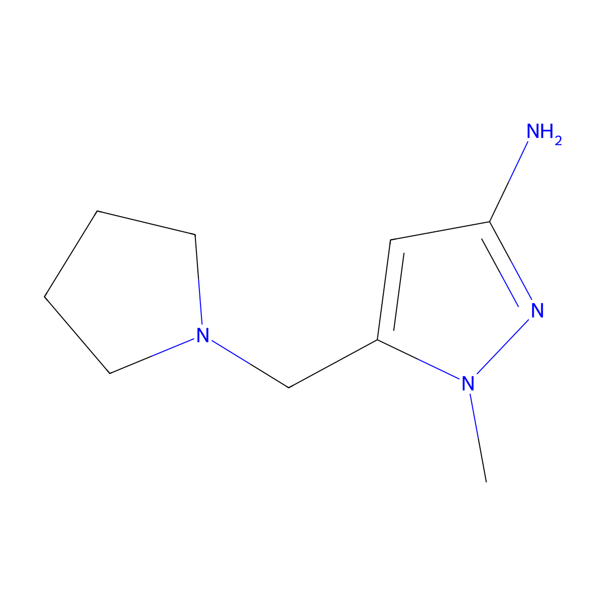 1-methyl-5-(pyrrolidin-1-ylmethyl)-1H-pyrazol-3-amine molecular structure, CAS 1856091-75-2