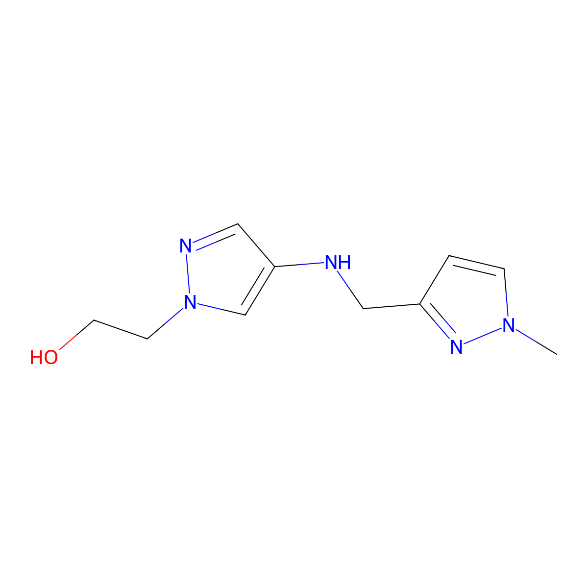 2-(4-{[(1-methyl-1H-pyrazol-3-yl)methyl]amino}-1H-pyrazol-1-yl)ethan-1-ol molecular structure, CAS 1856096-34-8