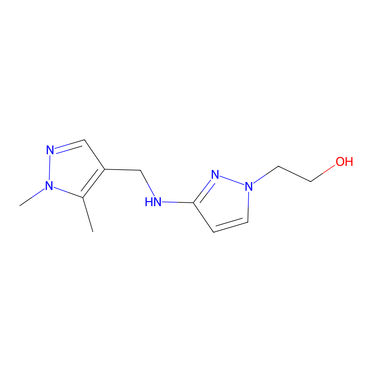 2-(3-{[(1,5-dimethyl-1H-pyrazol-4-yl)methyl]amino}-1H-pyrazol-1-yl)ethan-1-ol molecular structure, CAS 1856097-32-9