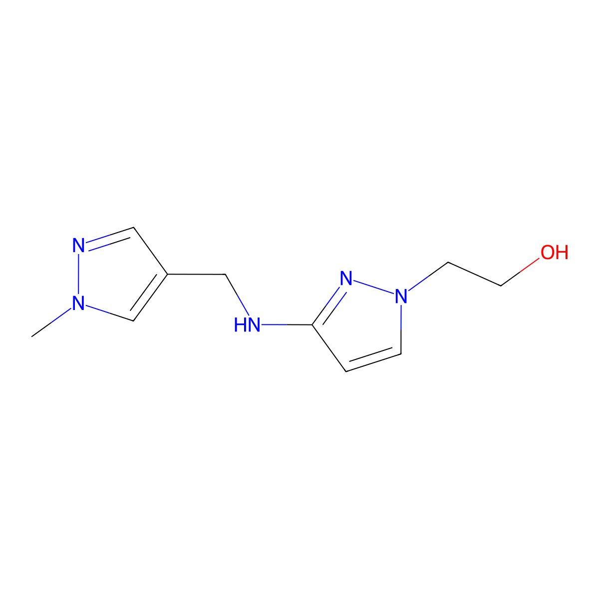 2-(3-{[(1-methyl-1H-pyrazol-4-yl)methyl]amino}-1H-pyrazol-1-yl)ethan-1-ol molecular structure, CAS 1856099-89-2
