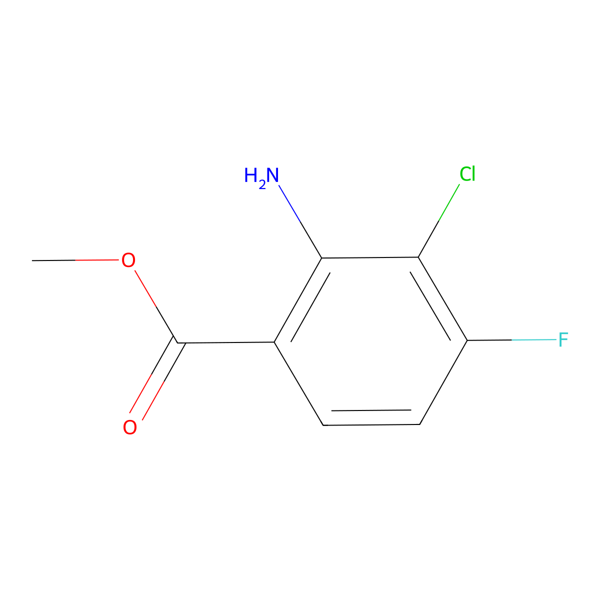 Methyl 2-amino-3-chloro-4-fluorobenzoate molecular structure, CAS 1856543-08-2