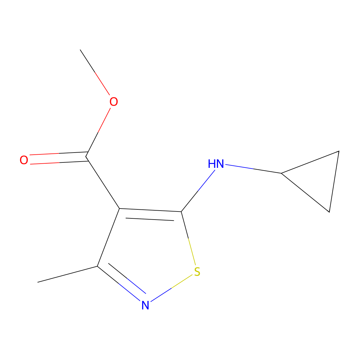 Methyl 5-(cyclopropylamino)-3-methyl-1,2-thiazole-4-carboxylate molecular structure, CAS 1856692-81-3