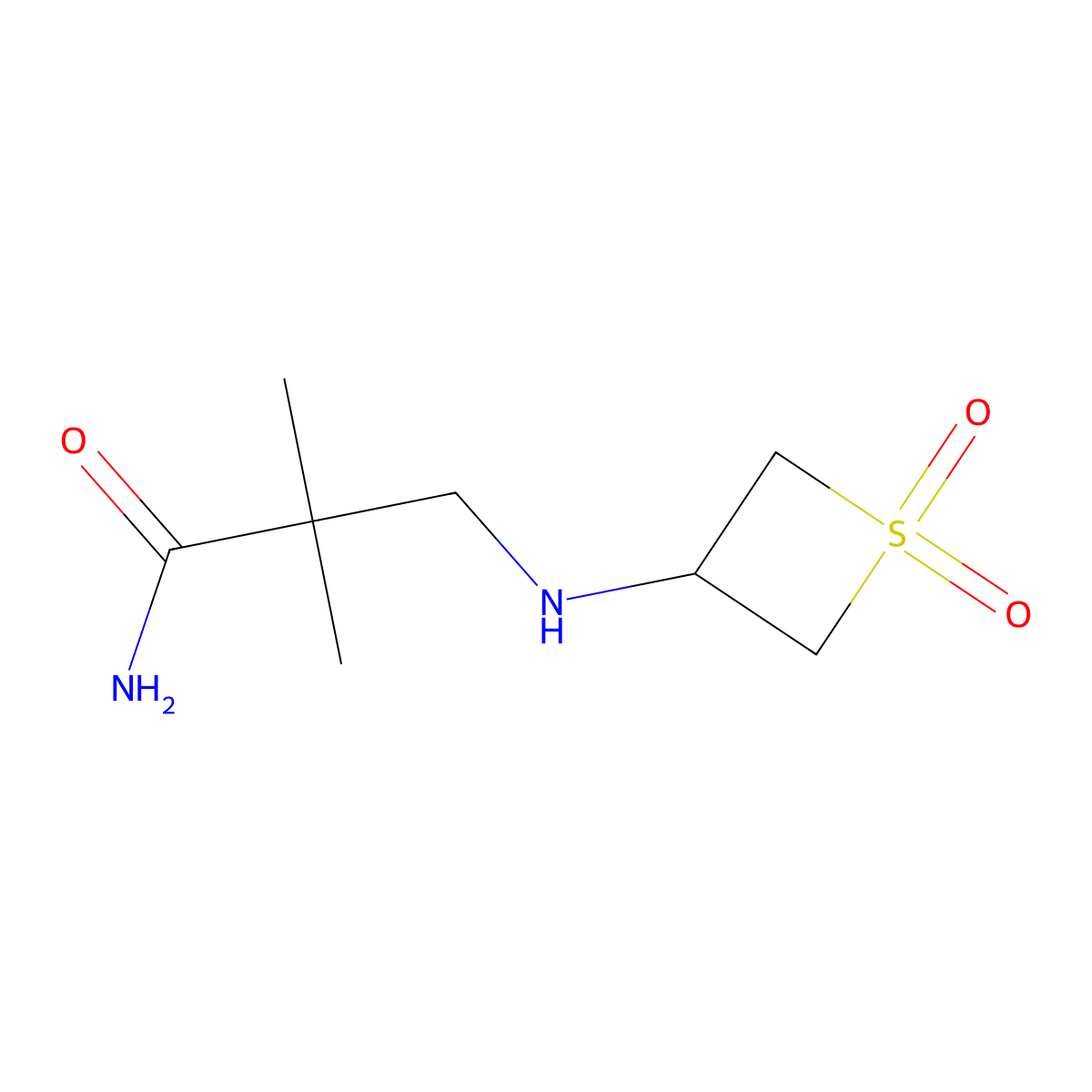 3-((1,1-Dioxidothietan-3-yl)amino)-2,2-dimethylpropanamide molecular structure, CAS 1857197-22-8