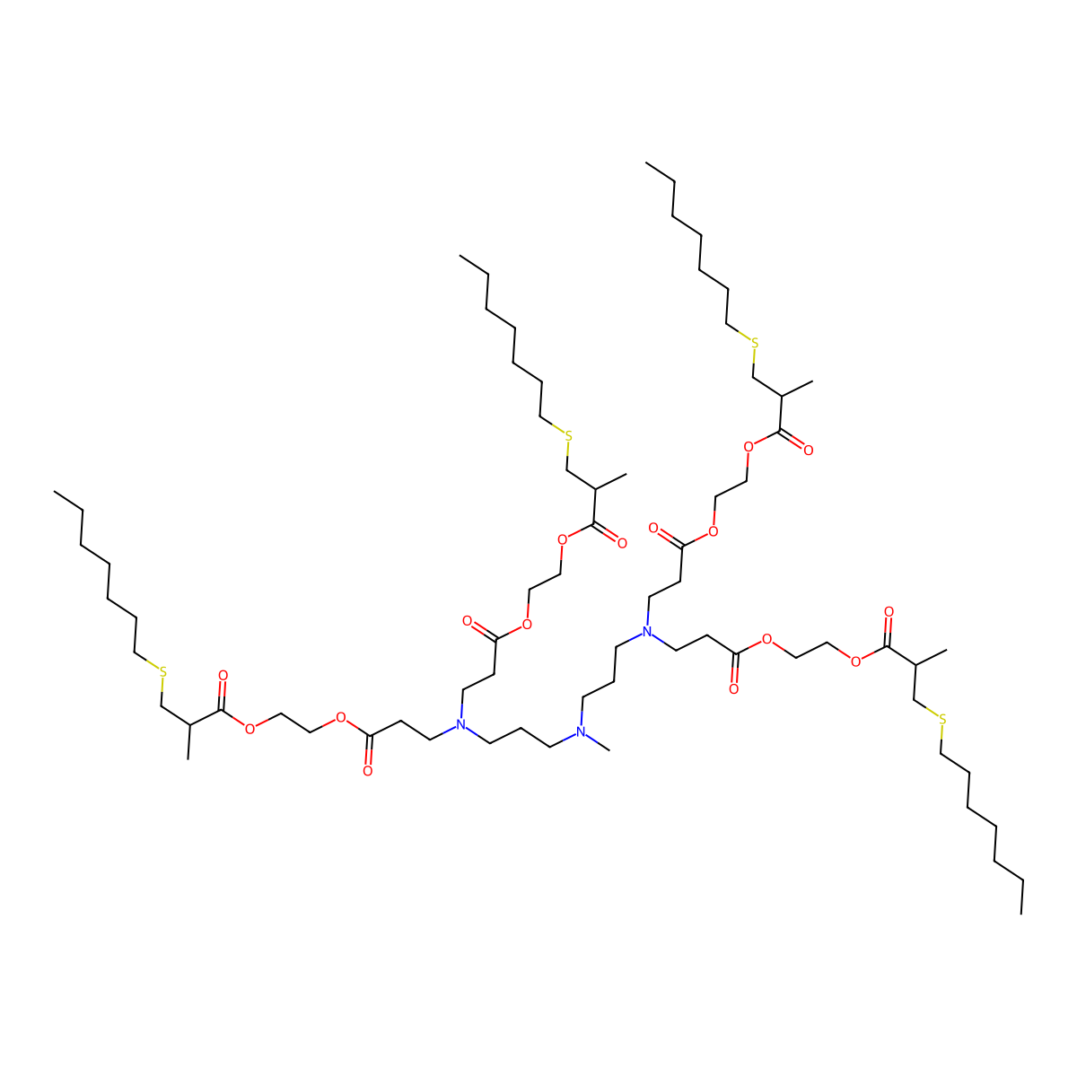 2-[3-[3-[3-[Bis[3-[2-(3-heptylsulfanyl-2-methylpropanoyl)oxyethoxy]-3-oxopropyl]amino]propyl-methylamino]propyl-[3-[2-(3-heptylsulfanyl-2-methylpropanoyl)oxyethoxy]-3-oxopropyl]amino]propanoyloxy]ethyl 3-heptylsulfanyl-2-methylpropanoate molecular structure, CAS 1857340-77-2