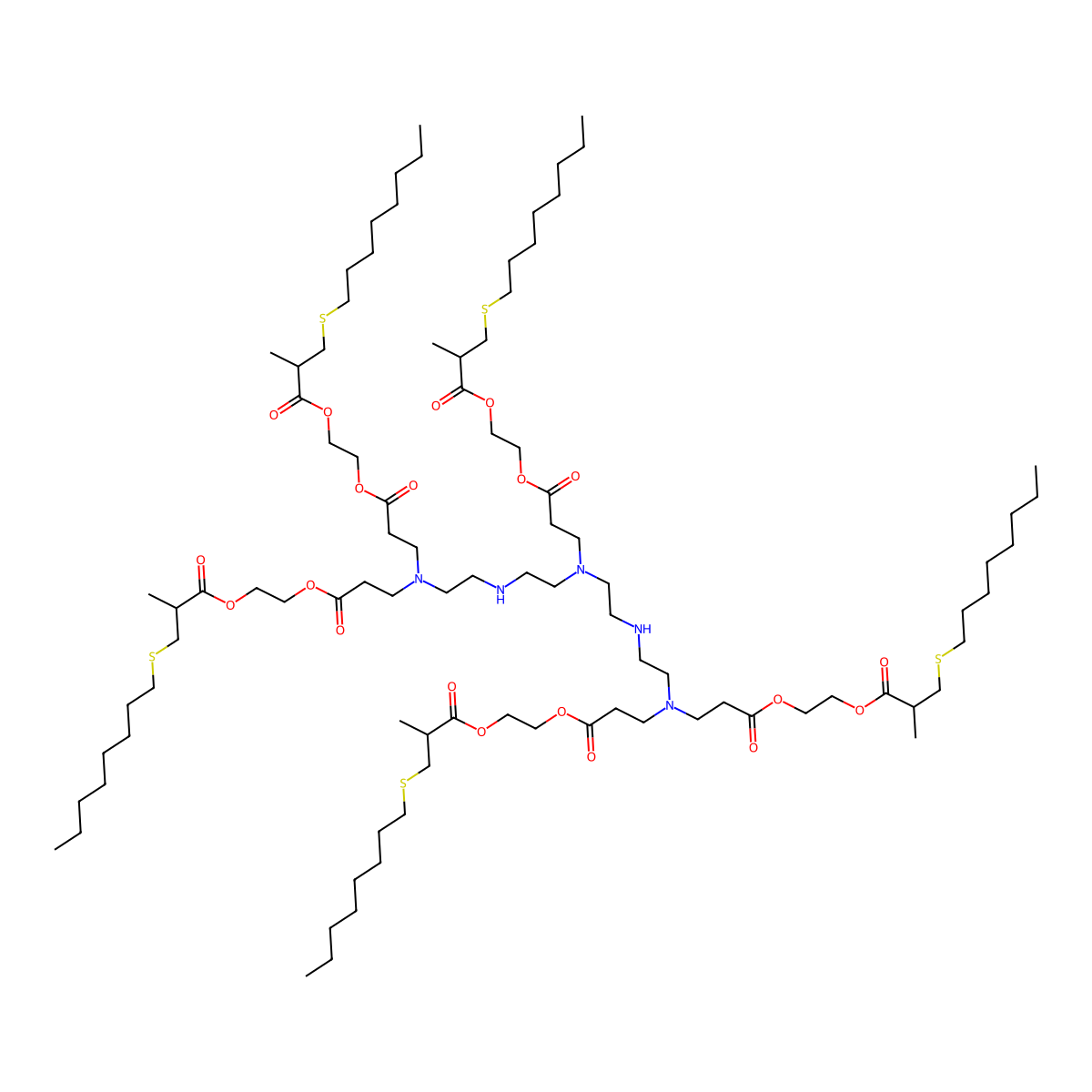 Bis(2-((2-methyl-3-(octylthio)propanoyl)oxy)ethyl) 4,10,16-tris(3-(2-((2-methyl-3-(octylthio)propanoyl)oxy)ethoxy)-3-oxopropyl)-4,7,10,13,16-pentaazanonadecane-1,19-dioate molecular structure, CAS 1857341-90-2