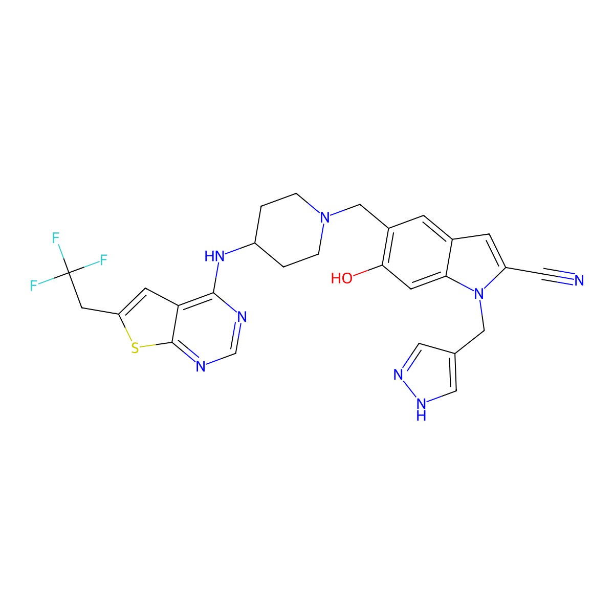 1-((1H-pyrazol-4-yl)methyl)-6-hydroxy-5-((4-((6-(2,2,2-trifluoroethyl)thieno(2,3-d)pyrimidin-4-yl)amino)piperidin-1-yl)methyl)-1H-indole-2-carbonitrile molecular structure, CAS 1857417-10-7