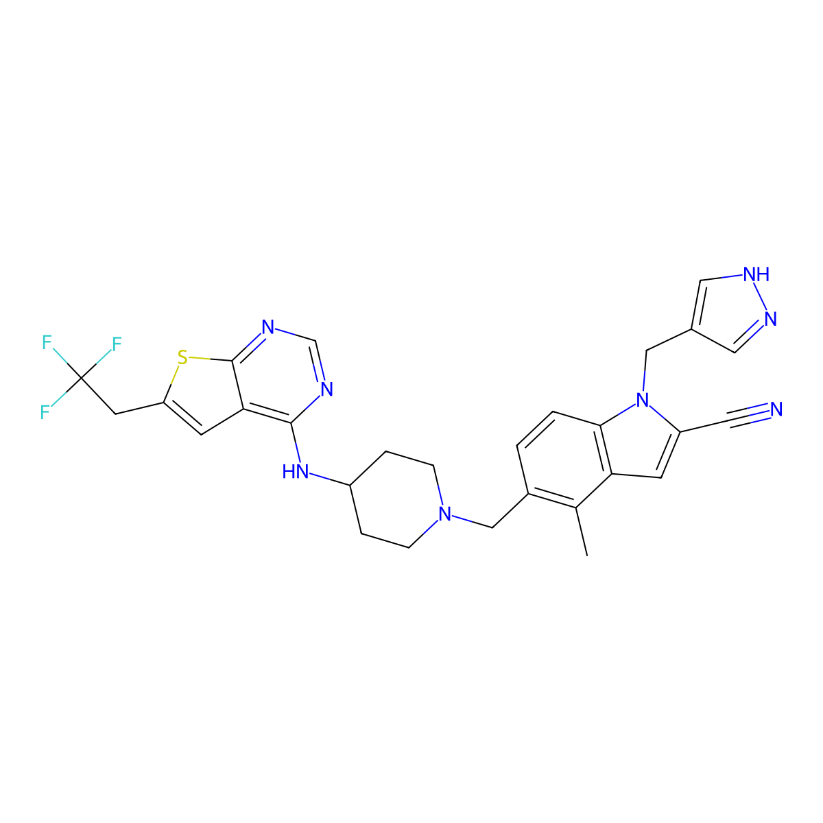 1-((1H-pyrazol-4-yl)methyl)-4-methyl-5-((4-((6-(2,2,2-trifluoroethyl)thieno[2,3-d]pyrimidin-4-yl)amino)piperidin-1-yl)methyl)-1H-indole-2-carbonitrile molecular structure, CAS 1857417-13-0