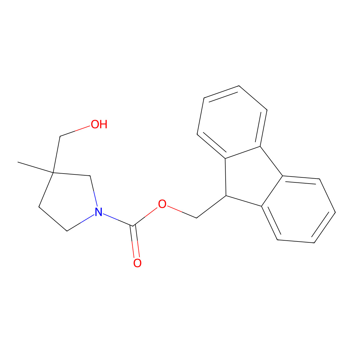 (9H-fluoren-9-yl)methyl 3-(hydroxymethyl)-3-methylpyrrolidine-1-carboxylate molecular structure, CAS 1857817-49-2