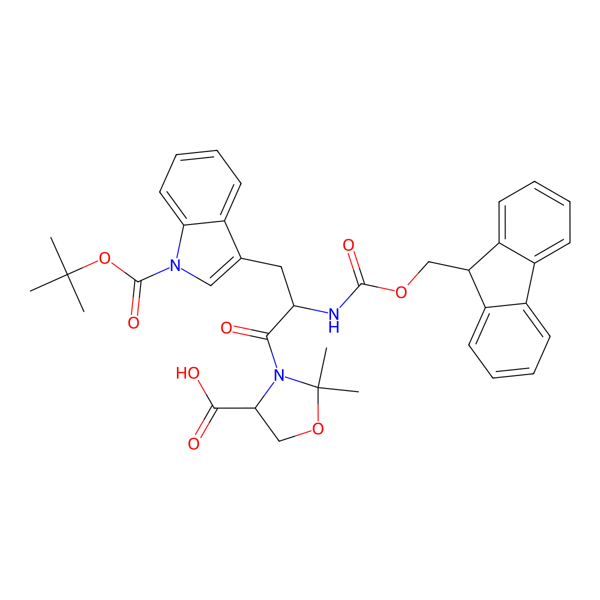(S)-3-(N-alpha-(9-FMOC)-N-im-BOC-L-tryptophanyl)-2,2-dimethyloxazolidine-4-carboxylic acid molecular structure, CAS 1858224-30-2