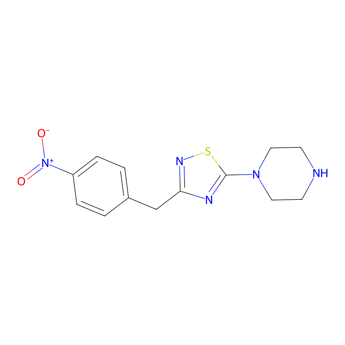 1-{3-[(4-Nitrophenyl)methyl]-1,2,4-thiadiazol-5-yl}piperazine molecular structure, CAS 1858242-25-7