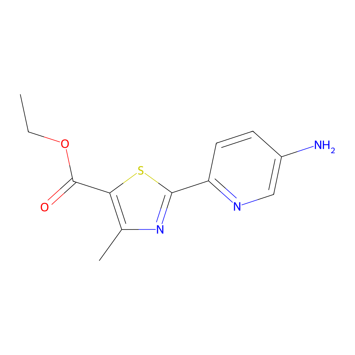 Ethyl 2-(5-amino-2-pyridyl)-4-methylthiazole-5-carboxylate molecular structure, CAS 1858251-31-6