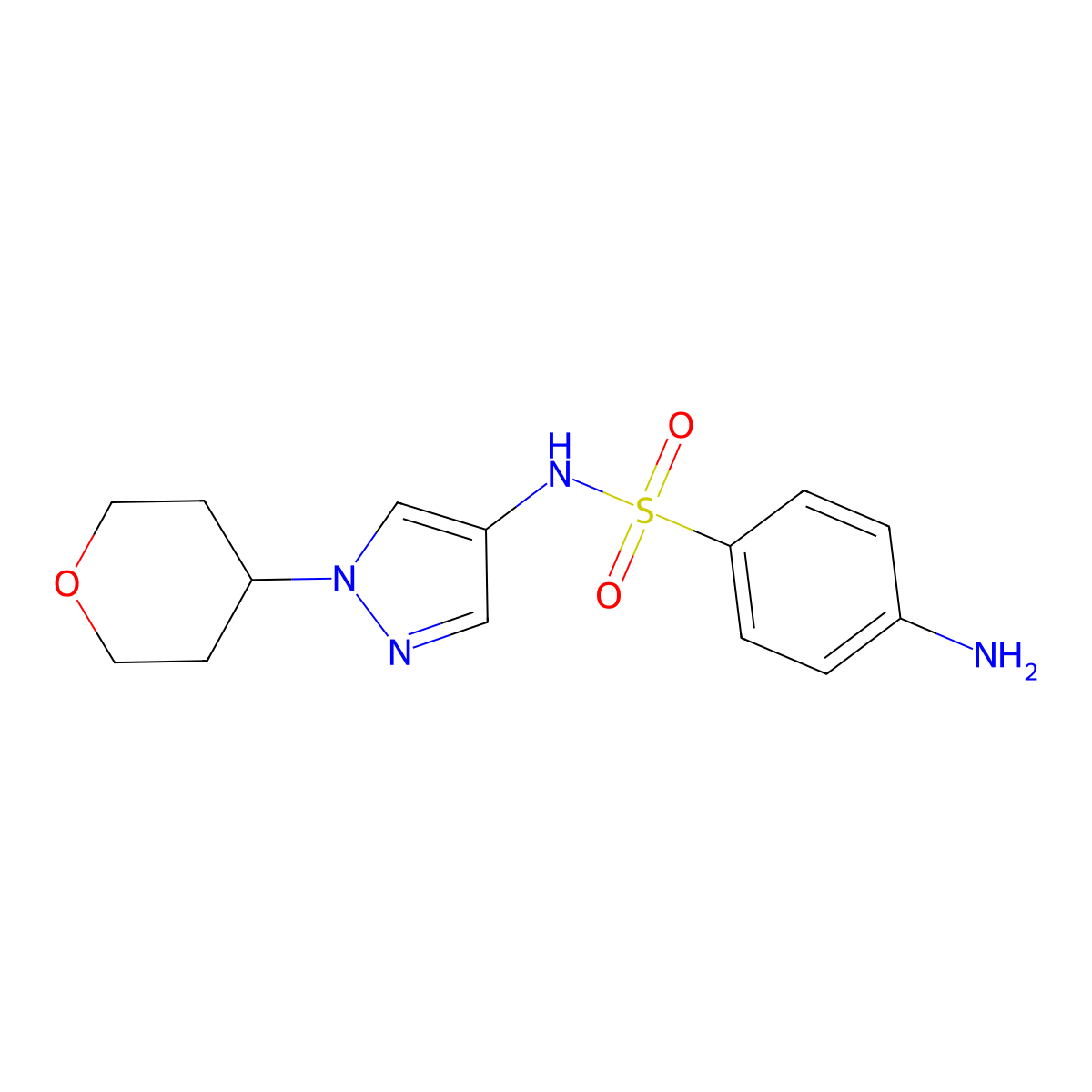 4-Amino-N-(1-tetrahydro-2H-pyran-4-yl-1H-pyrazol-4-yl)benzenesulfonamide molecular structure, CAS 1858251-36-1