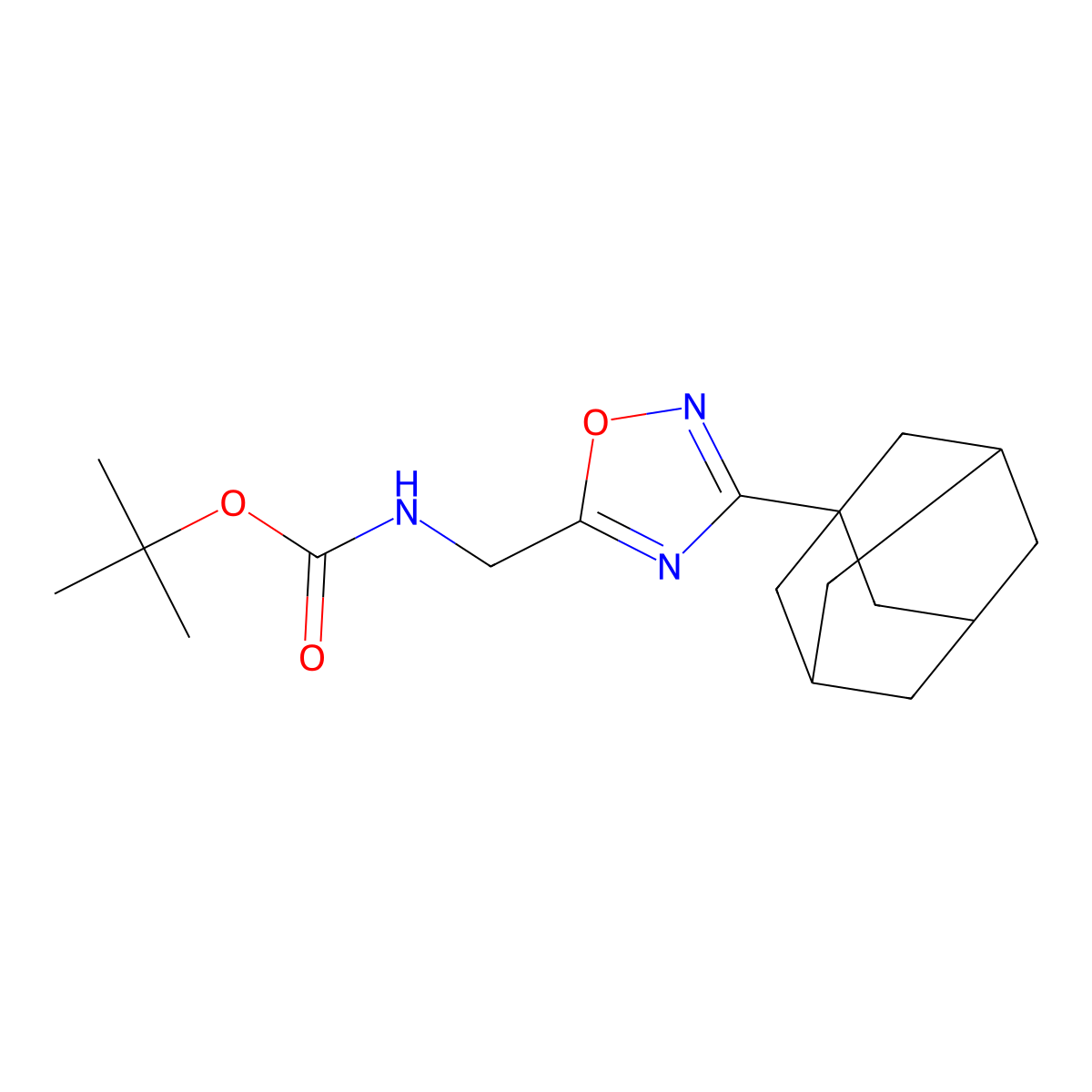 (3-Adamantan-1-yl-[1,2,4]oxadiazol-5-ylmethyl)-carbamic acid tert-butyl ester molecular structure, CAS 1858251-50-9
