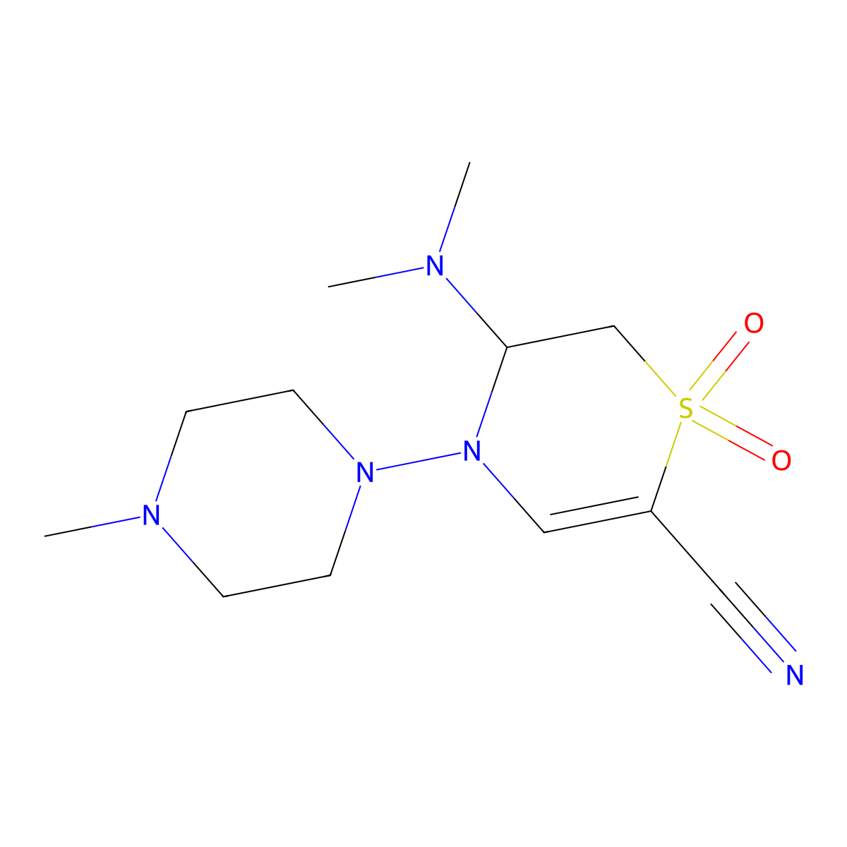 3-(Dimethylamino)-4-(4-methylpiperazin-1-yl)-3,4-dihydro-2H-1,4-thiazine-6-carbonitrile 1,1-dioxide molecular structure, CAS 1858252-14-8