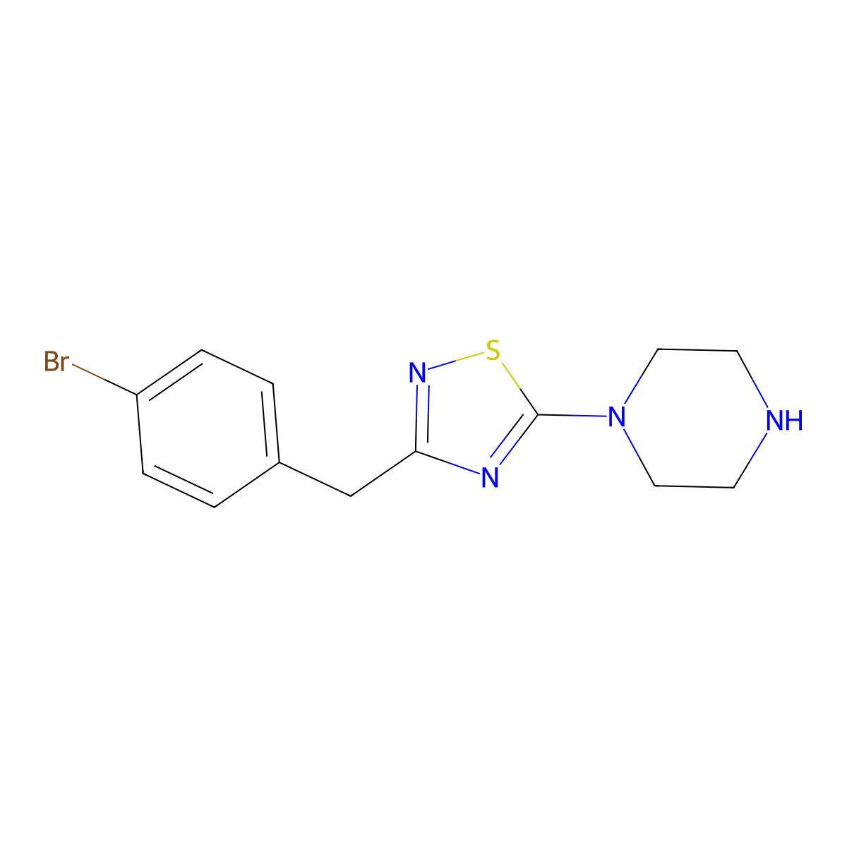 1-{3-[(4-Bromophenyl)methyl]-1,2,4-thiadiazol-5-yl}piperazine molecular structure, CAS 1858255-97-6