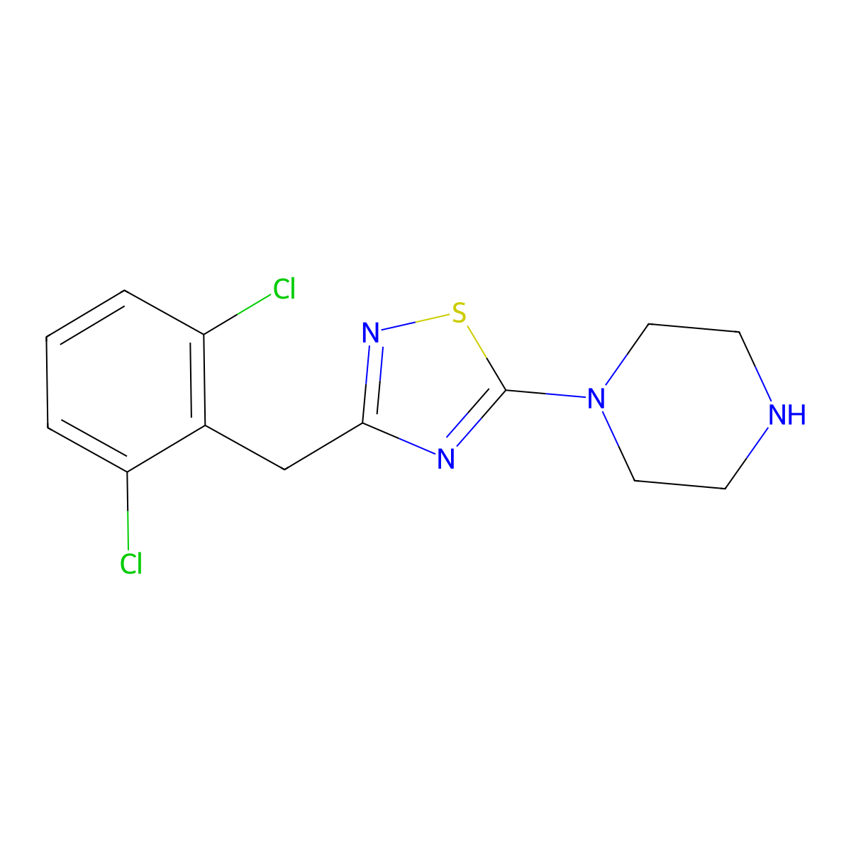 1-{3-[(2,6-Dichlorophenyl)methyl]-1,2,4-thiadiazol-5-yl}piperazine molecular structure, CAS 1858256-13-9