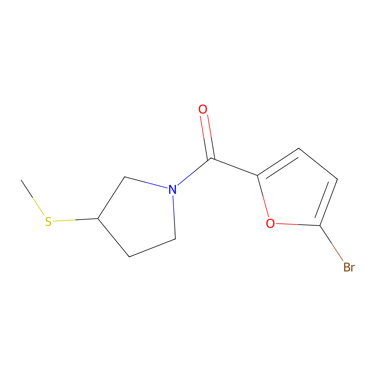 (5-Bromofuran-2-yl)(3-(methylthio)pyrrolidin-1-yl)methanone molecular structure, CAS 1858897-49-0