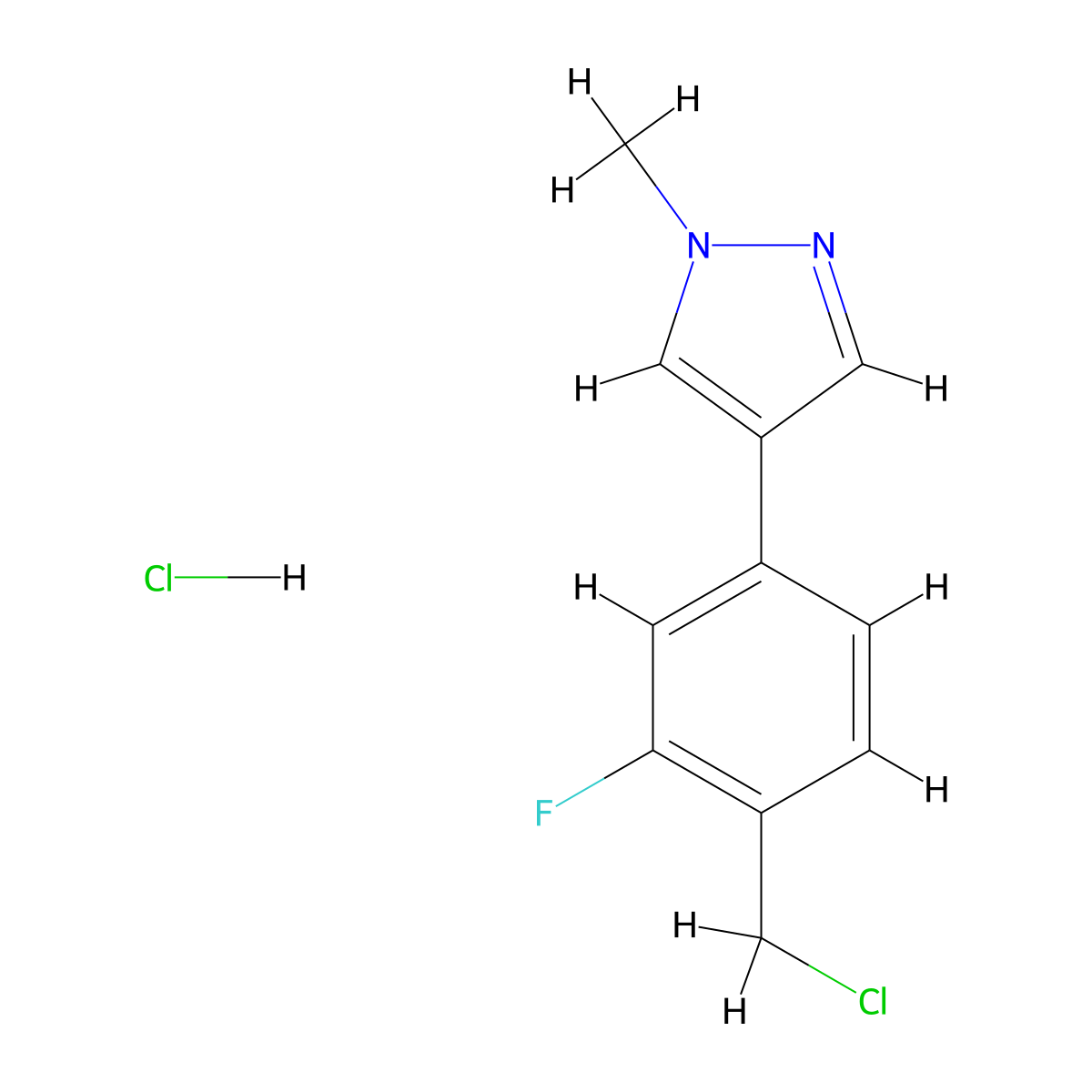 4-(4-(Chloromethyl)-3-fluorophenyl)-1-methyl-1H-pyrazole hydrochloride molecular structure, CAS 1859083-91-2