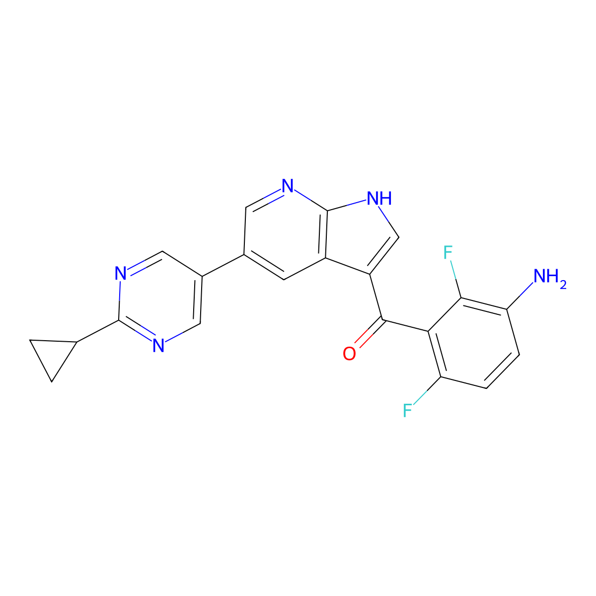 (3-amino-2,6-difluorophenyl)(5-(2-cyclopropylpyrimidin-5-yl)-1H-pyrrolo[2,3-b]pyridin-3-yl)methanone molecular structure, CAS 1859158-65-8