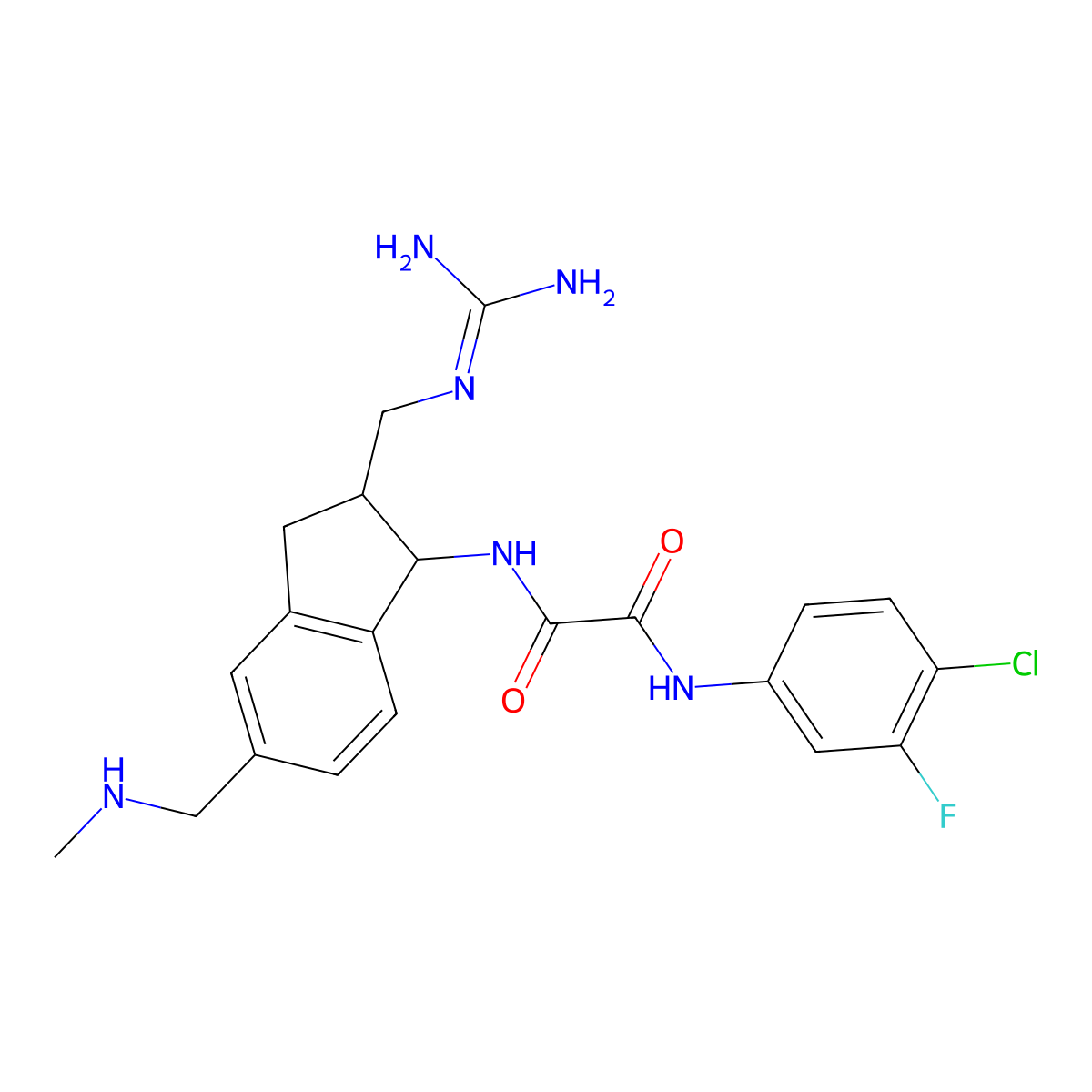 N-(4-chloro-3-fluoro-phenyl)-N'-[(1R,2R)-2-(guanidinomethyl)-5-(methylaminomethyl)indan-1-yl]oxamide molecular structure, CAS 1859189-54-0