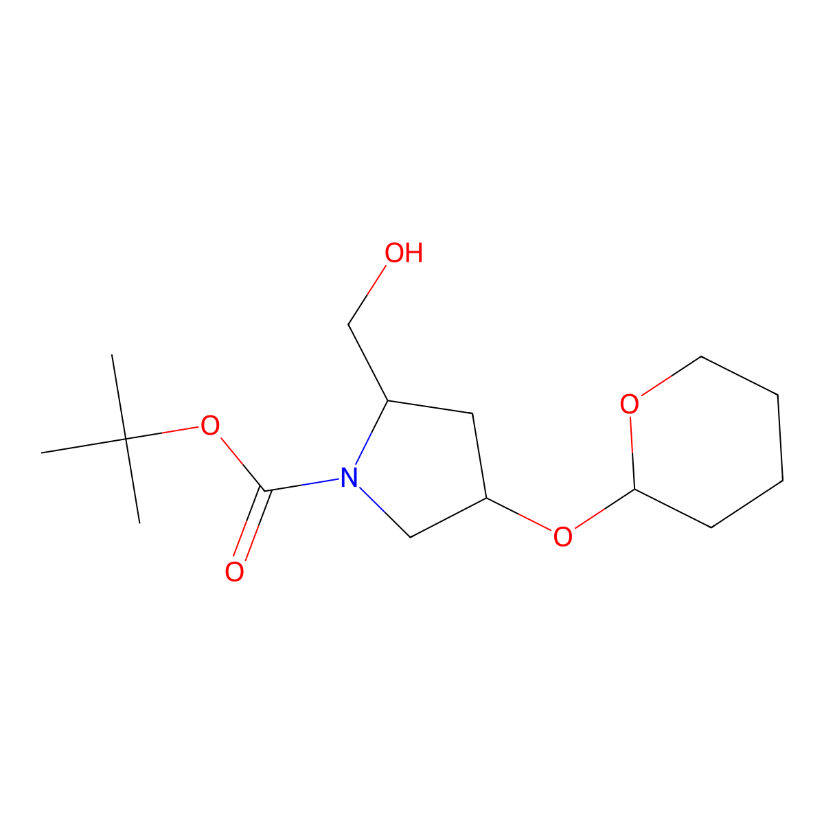 tert-butyl (2S,4R)-2-(hydroxymethyl)-4-(oxan-2-yloxy)pyrrolidine-1-carboxylate molecular structure, CAS 185951-15-9